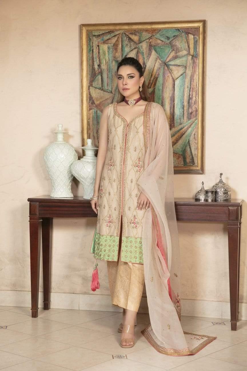 Yasmin Zaman - Beige Mysore Net Shirt with Jamawar Pants and Organza Dupatta - F-177 - 3 Piece