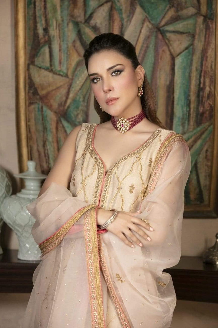 Yasmin Zaman - Beige Mysore Net Shirt with Jamawar Pants and Organza Dupatta - F-177 - 3 Piece