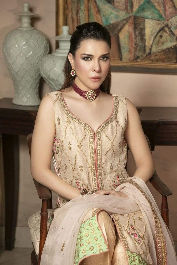 Yasmin Zaman - Beige Mysore Net Shirt with Jamawar Pants and Organza Dupatta - F-177 - 3 Piece
