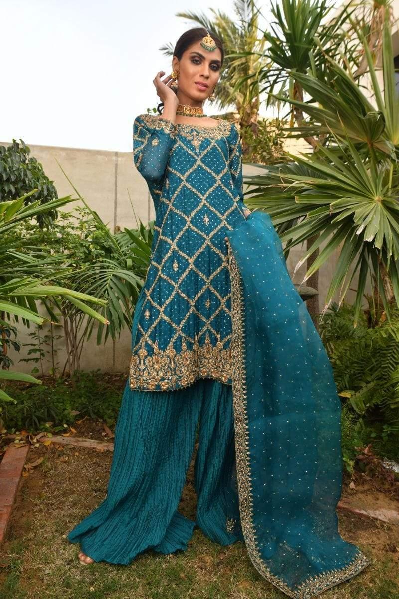 Yasmin Zaman - F-103 - Teal Silk - Net Shirt - 2 Piece