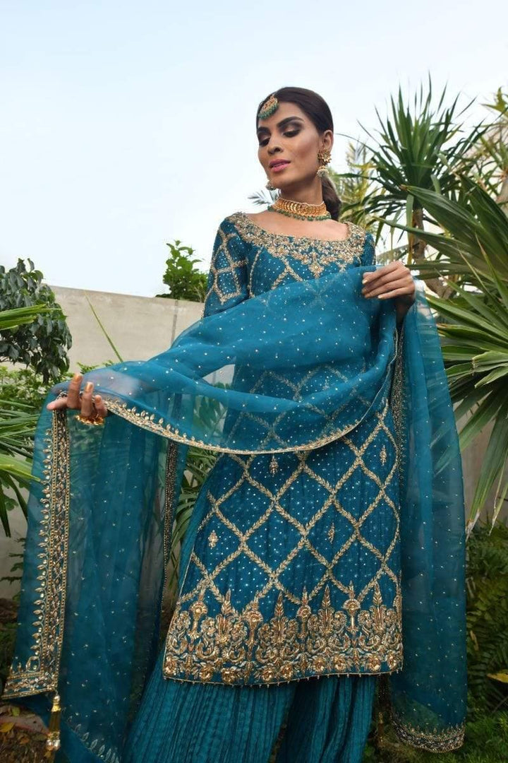 Yasmin Zaman - F-103 - Teal Silk - Net Shirt - 2 Piece