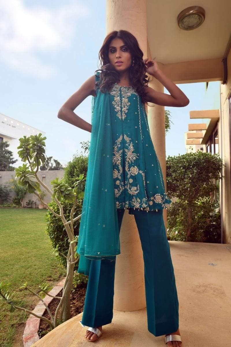 Yasmin Zaman - F-176 - Aqua Silk - 3 Piece