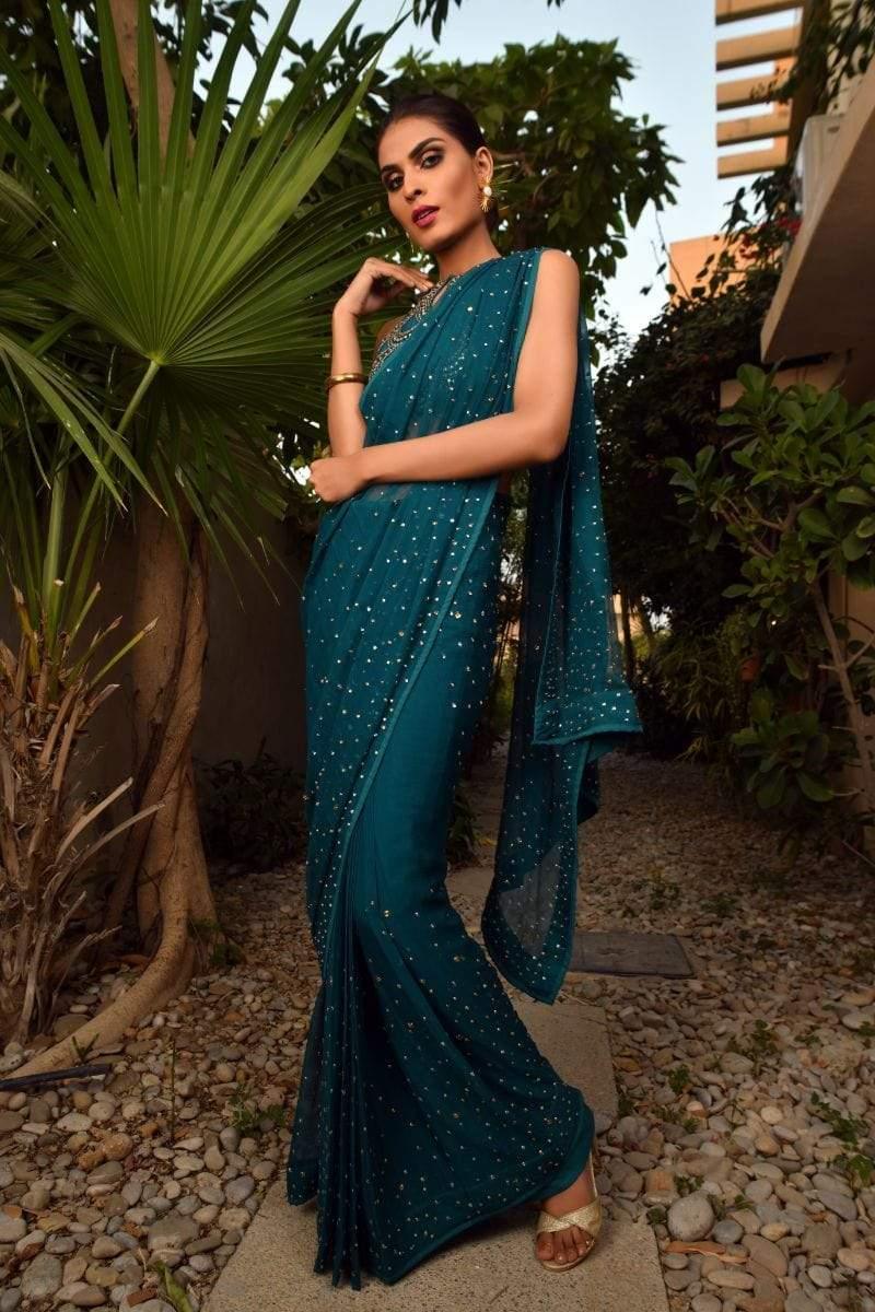 Yasmin Zaman - F-180 - Teal Blue - Chiffon - Saree