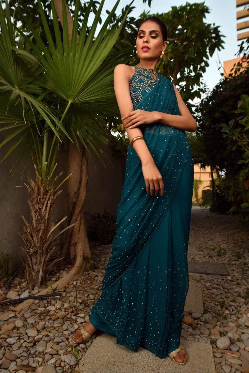 Yasmin Zaman - F-180 - Teal Blue - Chiffon - Saree