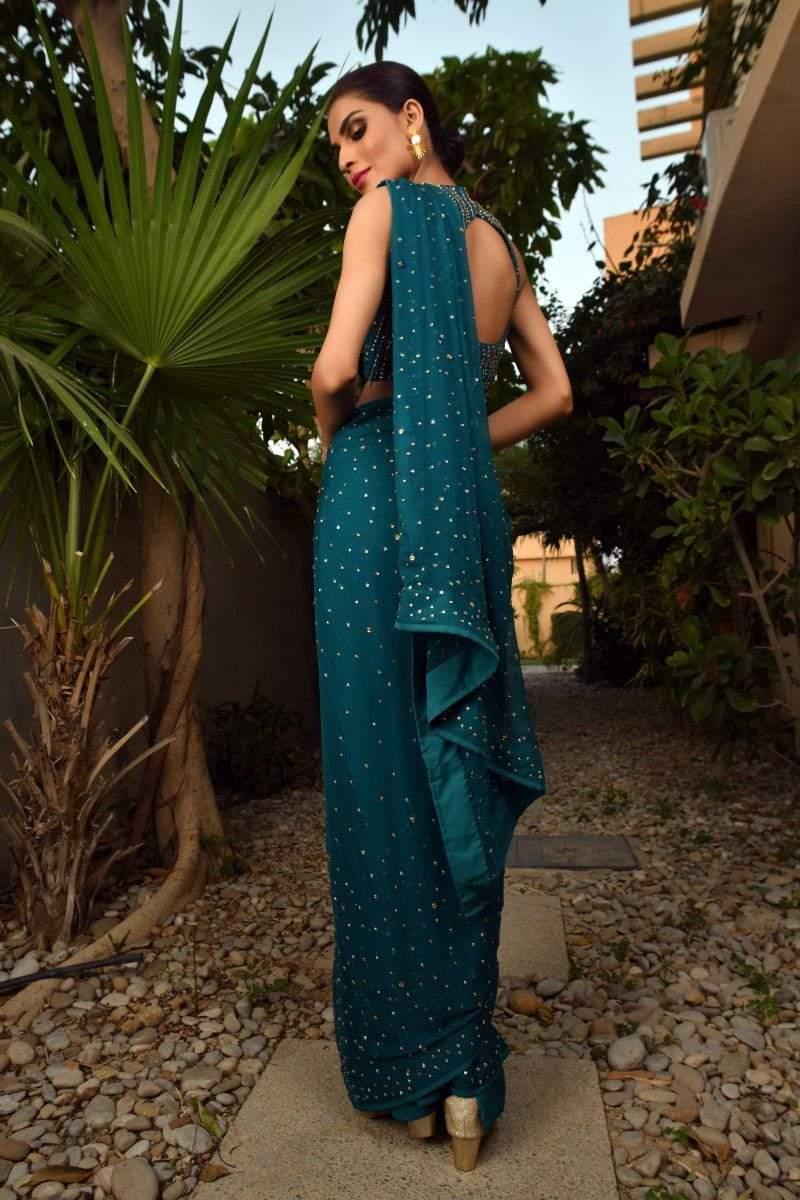 Yasmin Zaman - F-180 - Teal Blue - Chiffon - Saree
