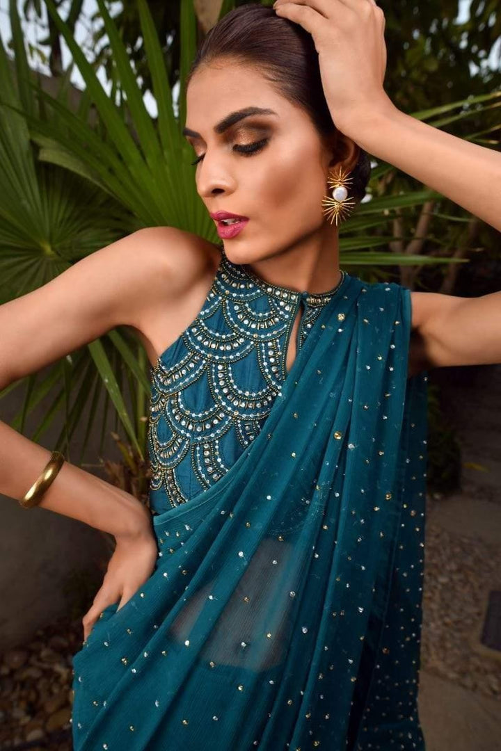 Yasmin Zaman - F-180 - Teal Blue - Chiffon - Saree