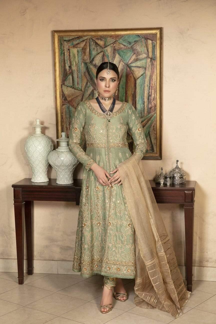 Yasmin Zaman - Jade Green Silk Gown with Gold Net Dupatta - F-178 - 3 Piece
