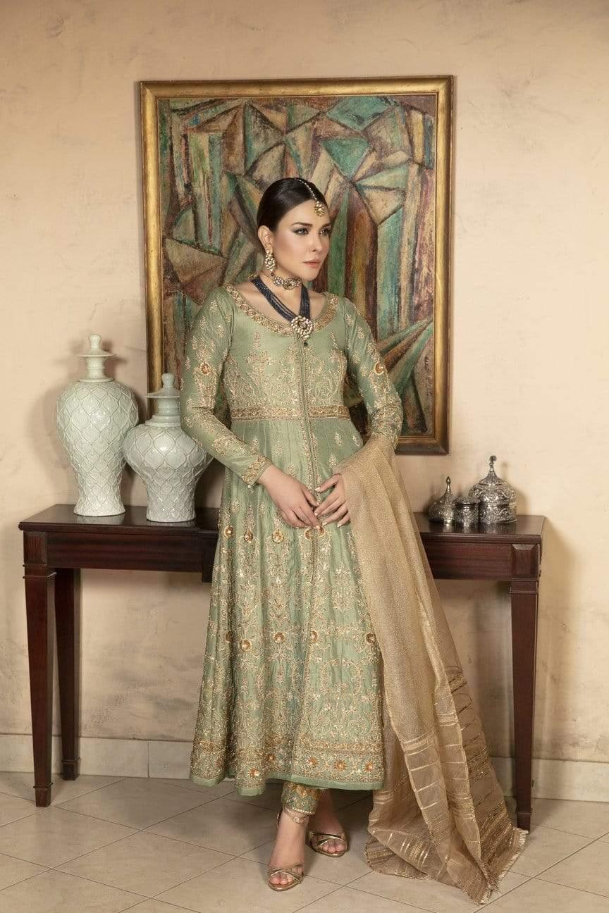 Yasmin Zaman - Jade Green Silk Gown with Gold Net Dupatta - F-178 - 3 Piece
