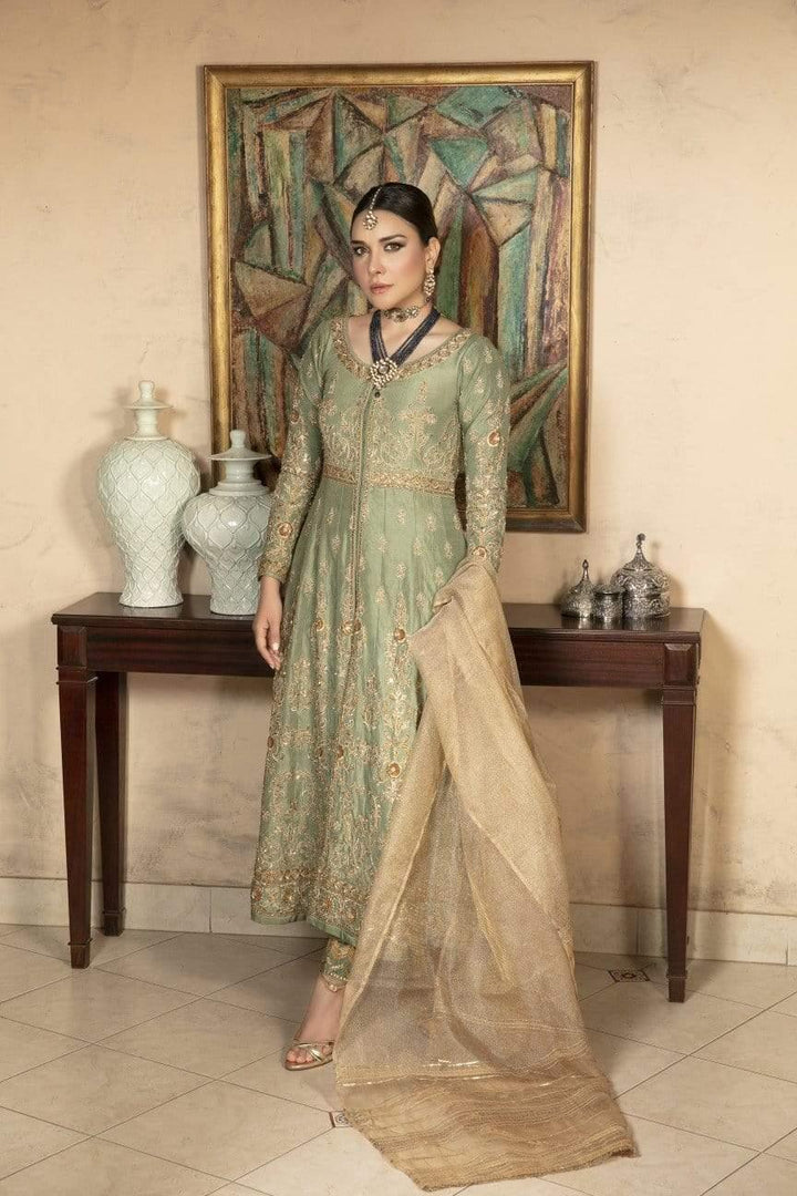 Yasmin Zaman - Jade Green Silk Gown with Gold Net Dupatta - F-178 - 3 Piece