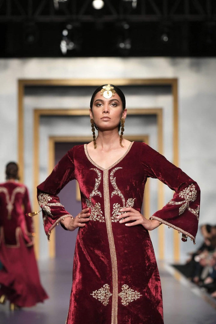 Yasmin Zaman - Maroon Velvet Kaftaan - F-192 -  1 Piece