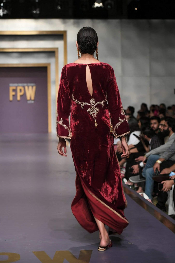 Yasmin Zaman - Maroon Velvet Kaftaan - F-192 -  1 Piece