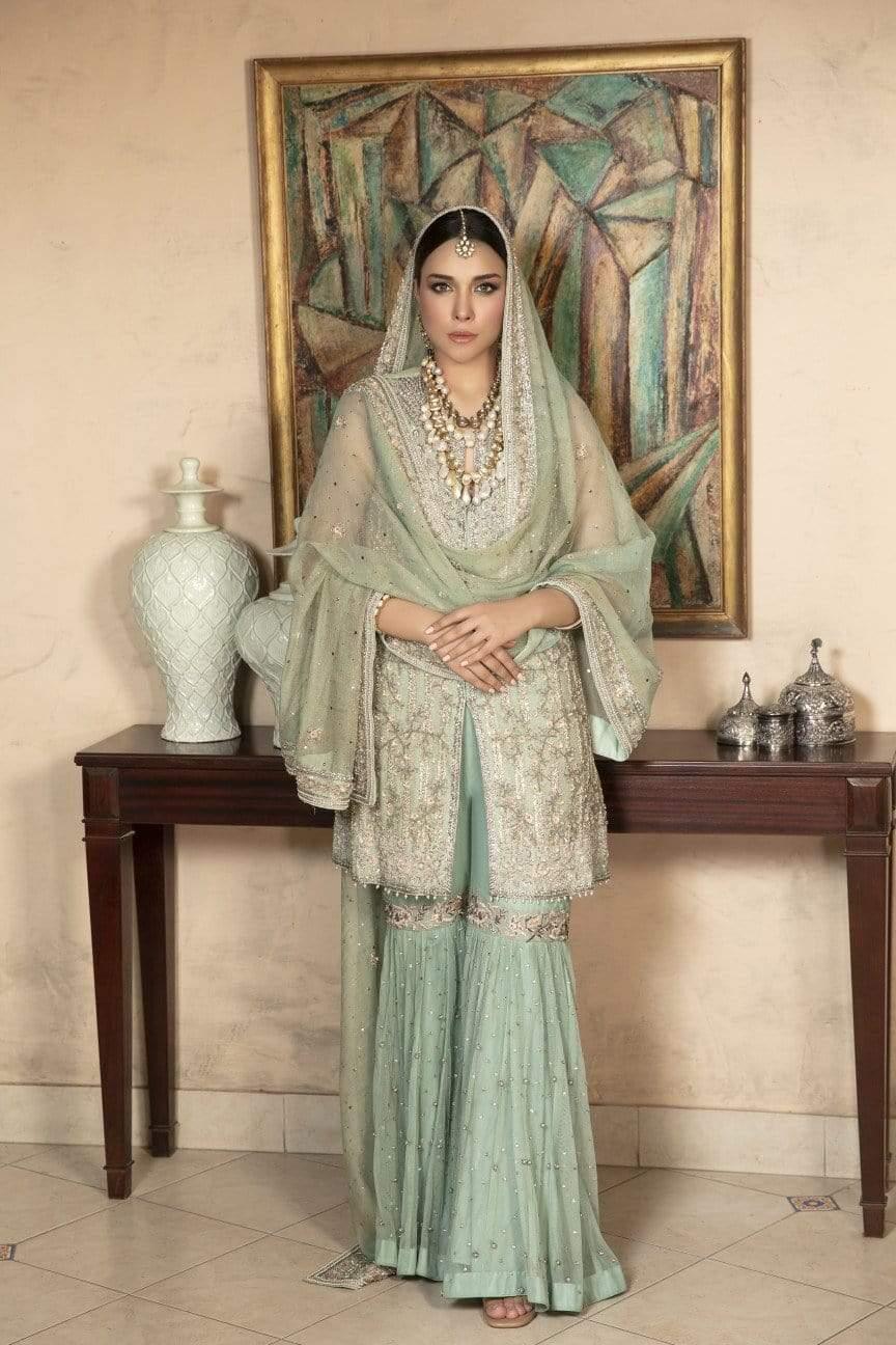 Yasmin Zaman - Mint Blue Zari Net Shirt and Dupatta with Net Lehnga - B-227 - 3 Piece