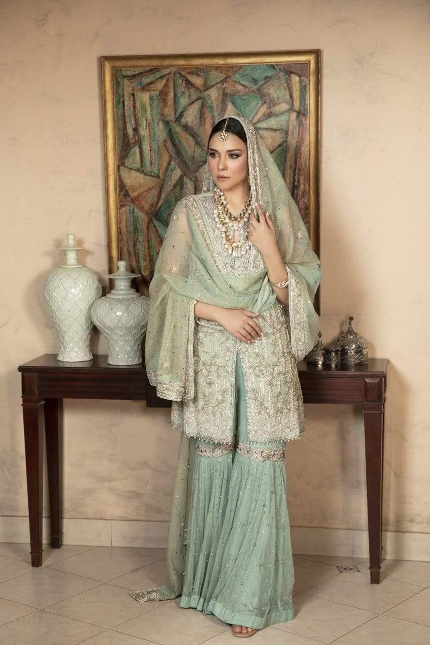 Yasmin Zaman - Mint Blue Zari Net Shirt and Dupatta with Net Lehnga - B-227 - 3 Piece