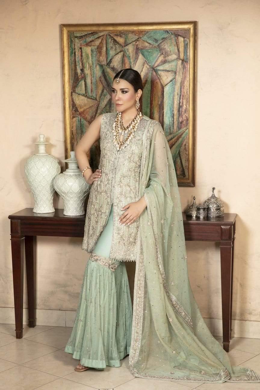 Yasmin Zaman - Mint Blue Zari Net Shirt and Dupatta with Net Lehnga - B-227 - 3 Piece