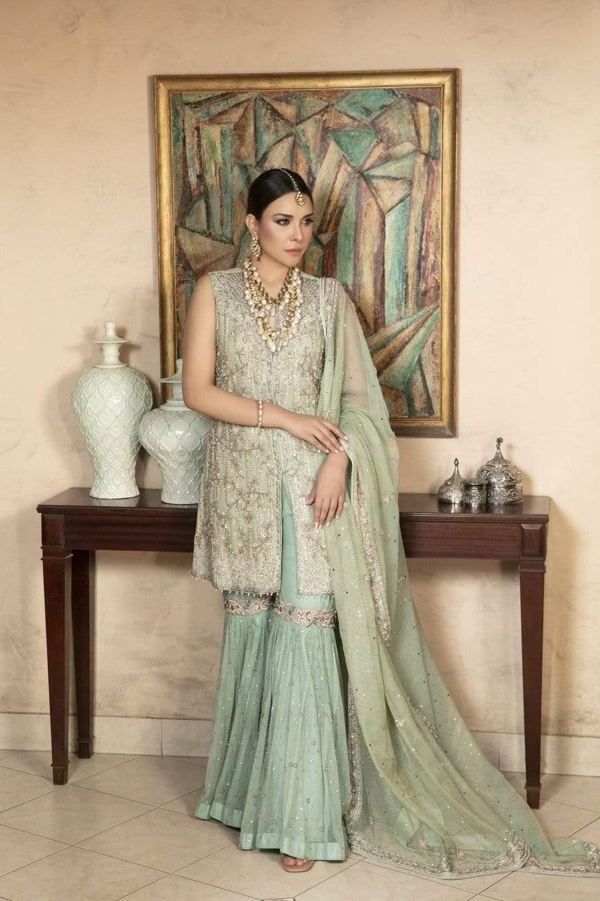 Yasmin Zaman - Mint Blue Zari Net Shirt and Dupatta with Net Lehnga - B-227 - 3 Piece