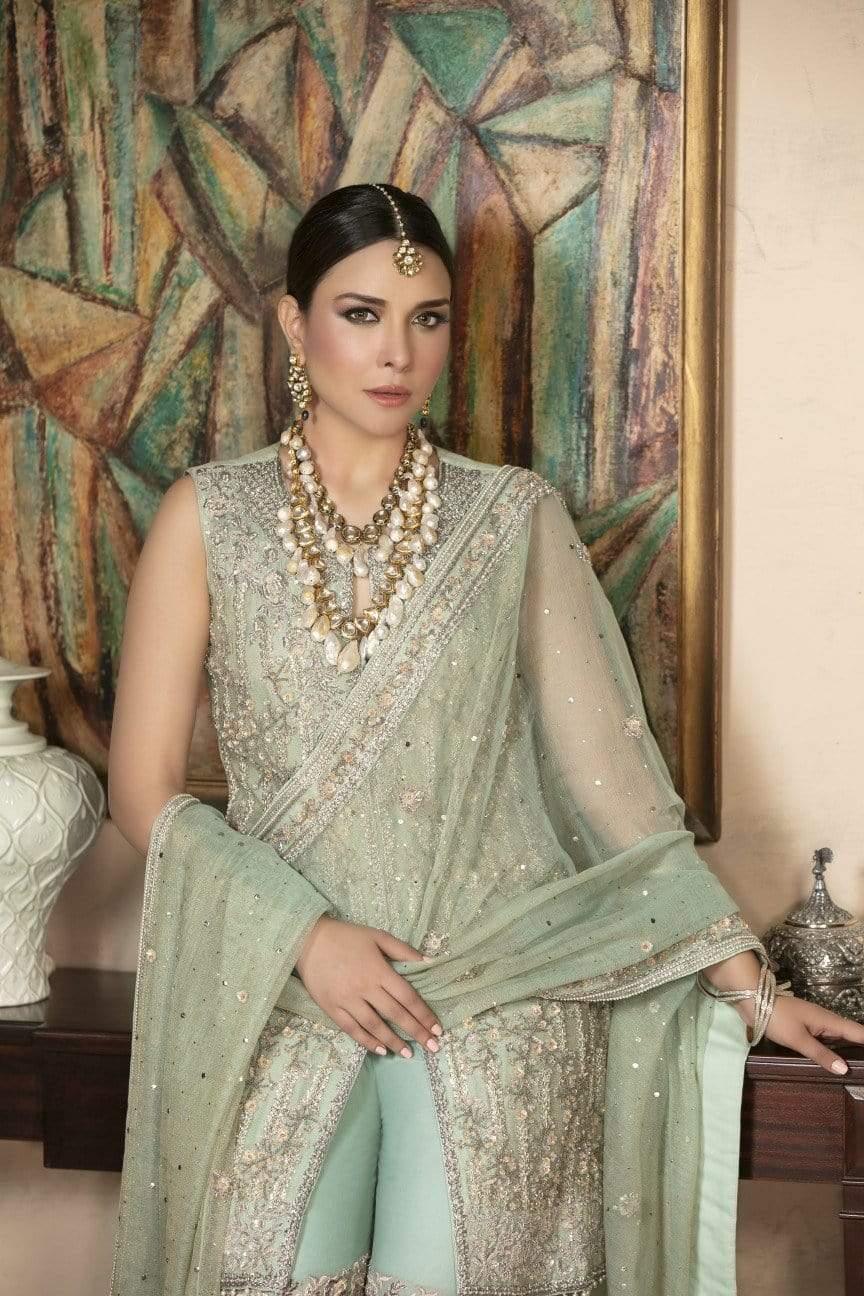 Yasmin Zaman - Mint Blue Zari Net Shirt and Dupatta with Net Lehnga - B-227 - 3 Piece