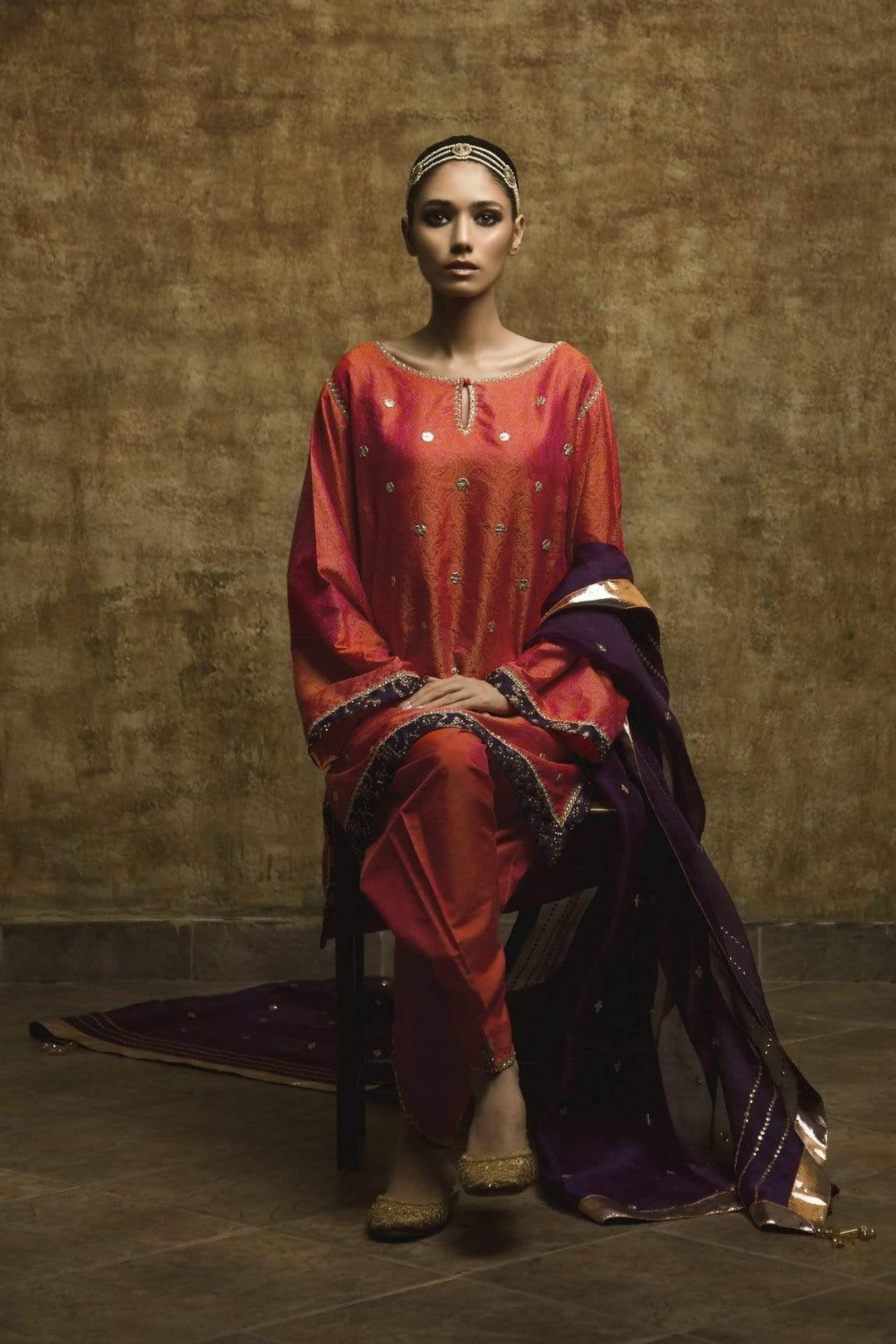 Yasmin Zaman - Orange - Self Jamawar Suit - F-174 - 3 Piece