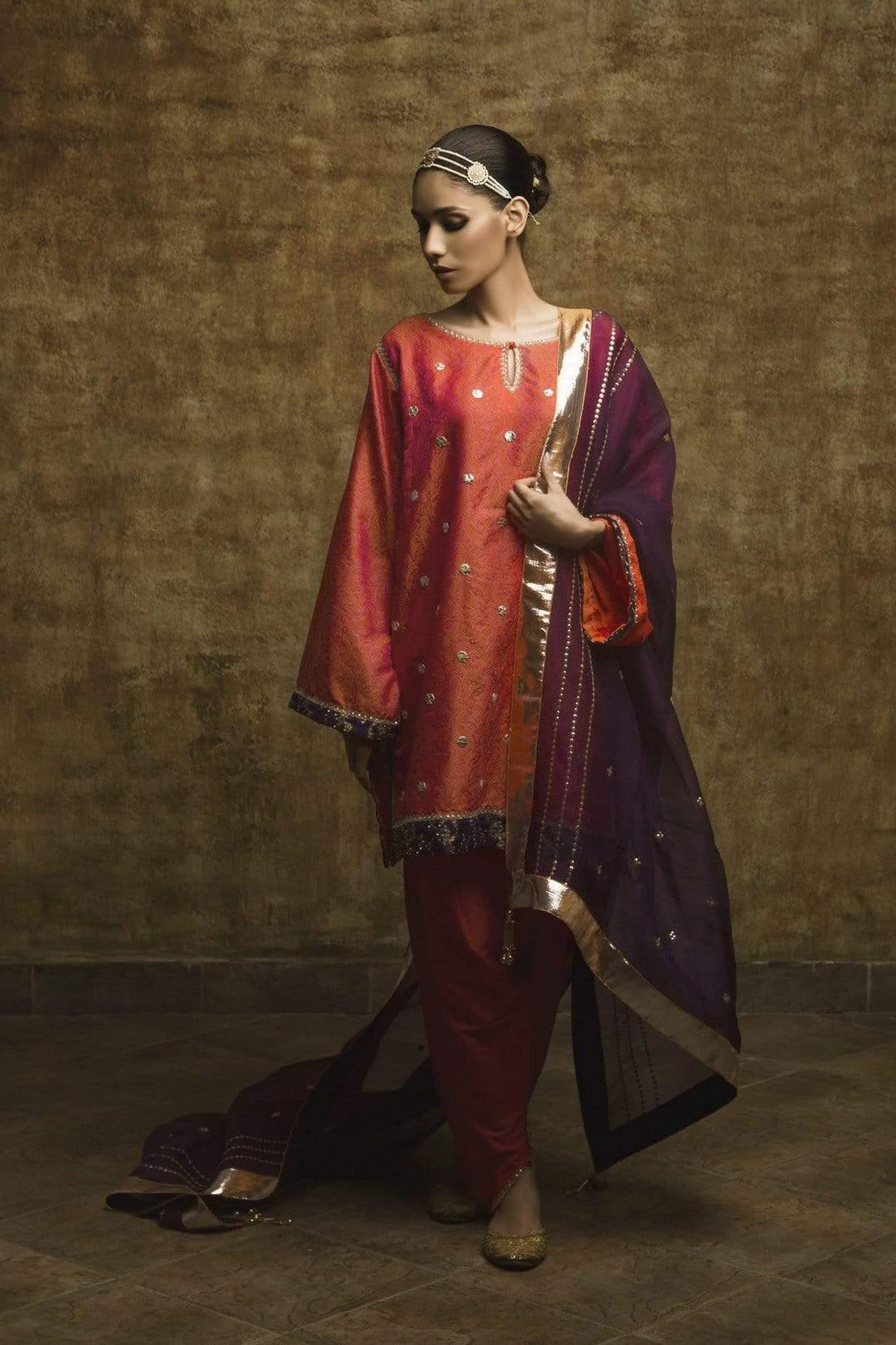 Yasmin Zaman - Orange - Self Jamawar Suit - F-174 - 3 Piece