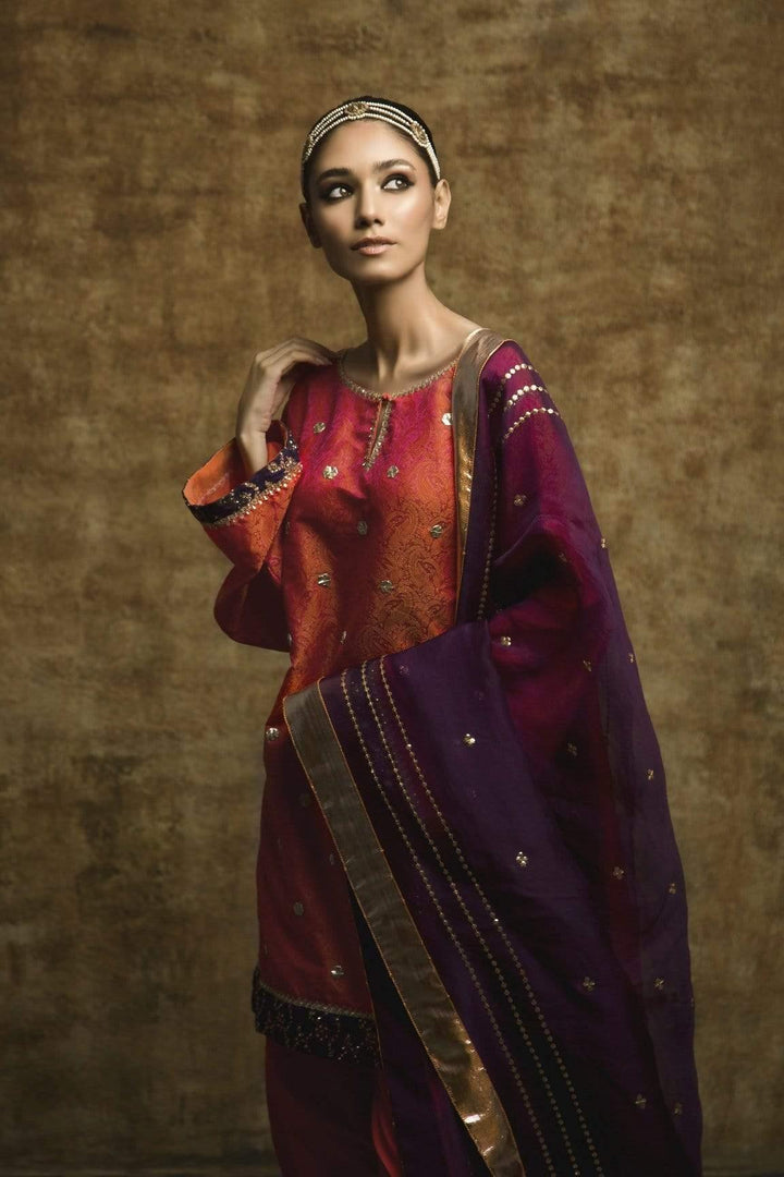 Yasmin Zaman - Orange - Self Jamawar Suit - F-174 - 3 Piece