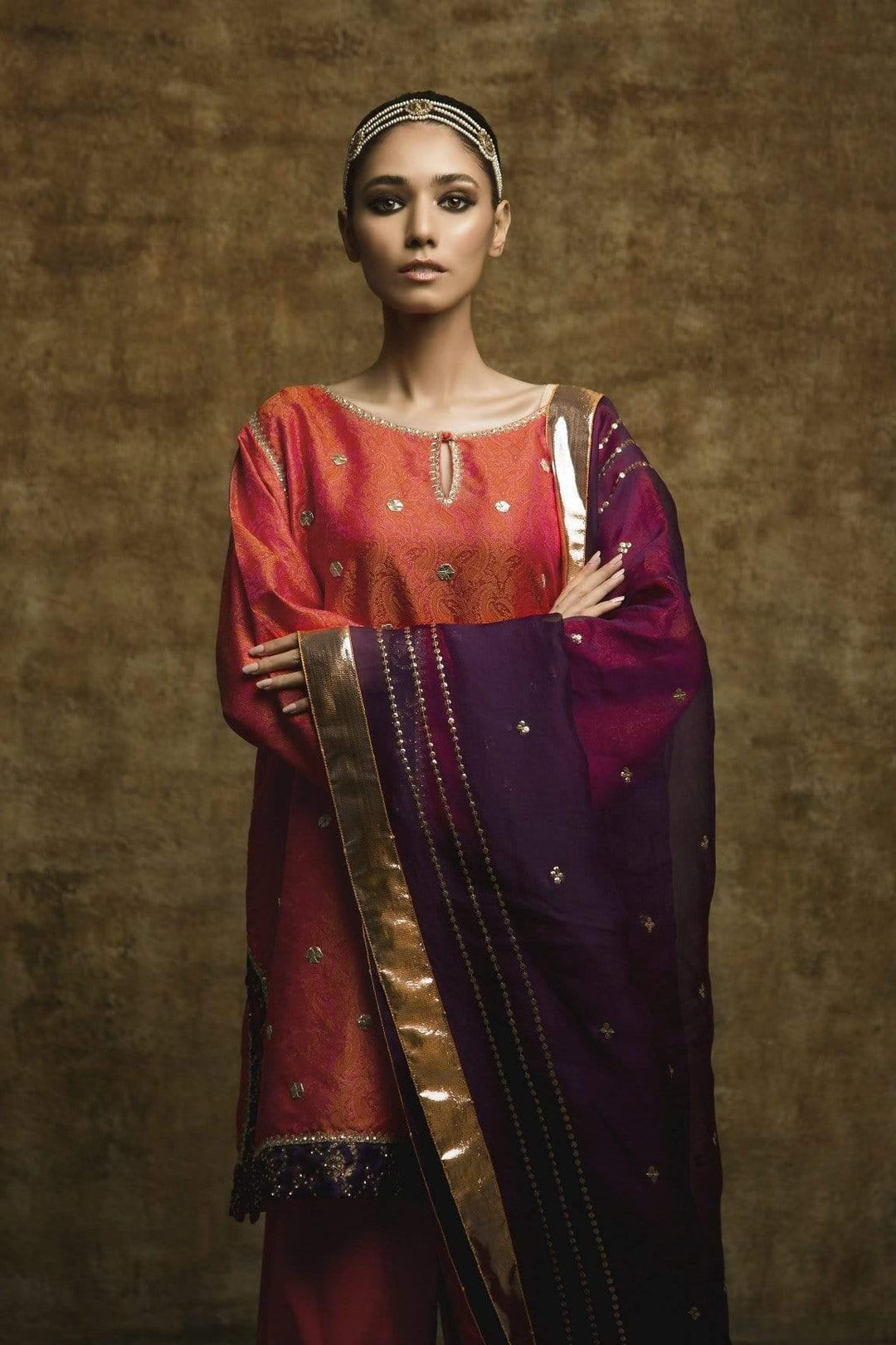 Yasmin Zaman - Orange - Self Jamawar Suit - F-174 - 3 Piece