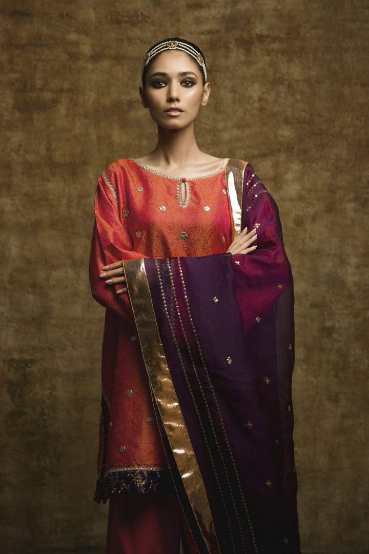 Yasmin Zaman - Orange - Self Jamawar Suit - F-174 - 3 Piece