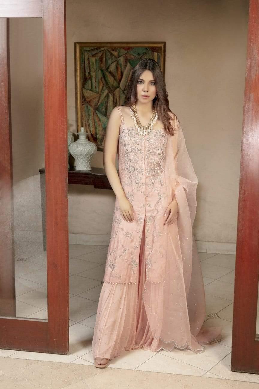 Yasmin Zaman - Rose Pink Chiffon Shirt and Lehnga with Organza Dupatta - F-196 - 3 Piece