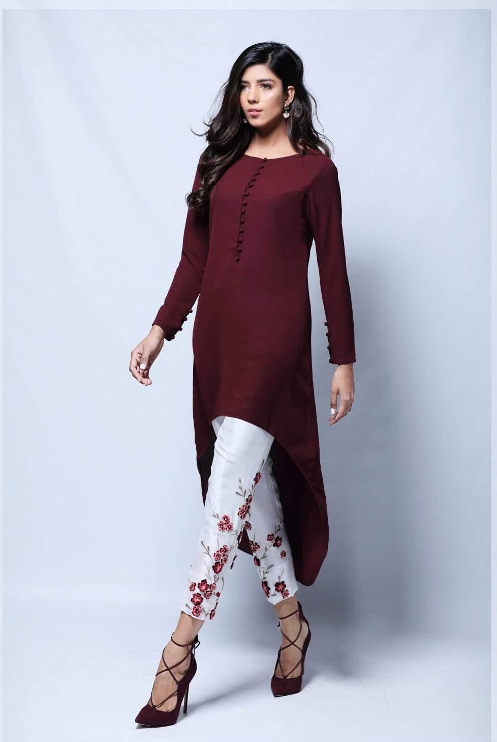 Natasha Kamal - Zinnia Solid Tunic Featuring U-Shaped Hemline With Raw Silk Trouser