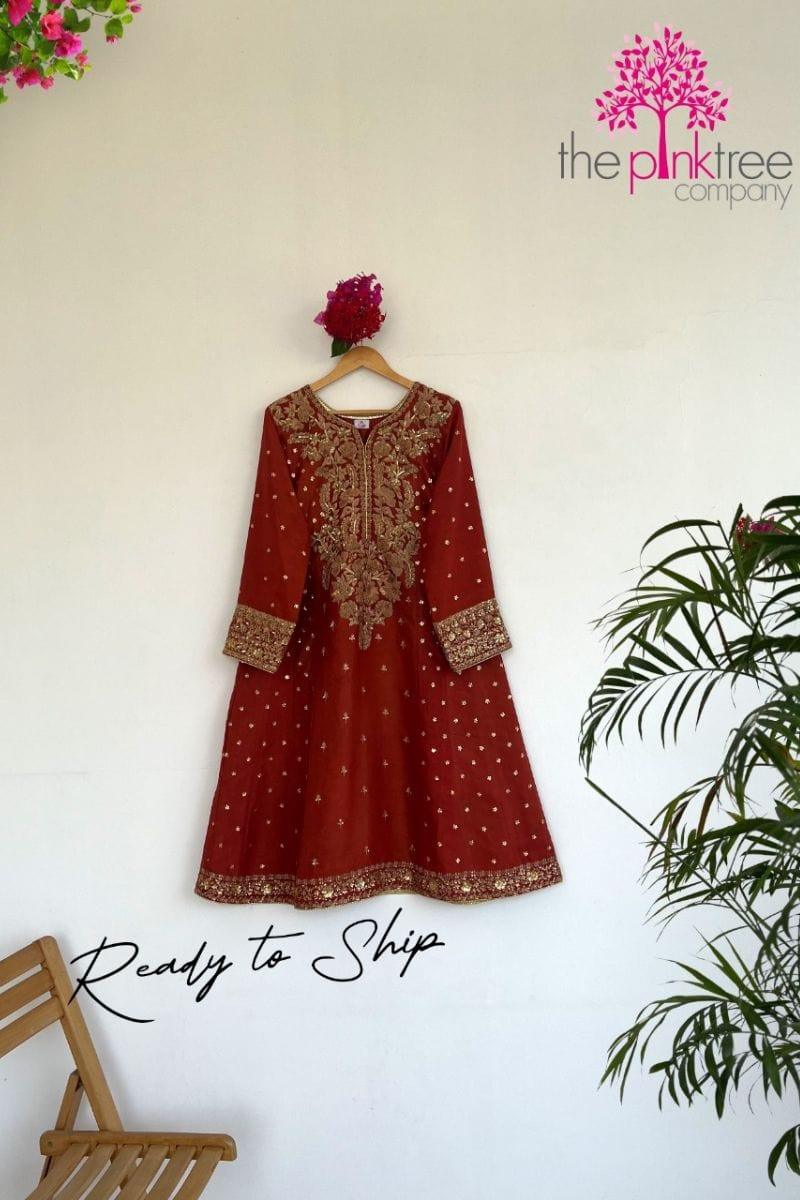 Pinktree - Rust Raw Silk Kali Kurta Embellished - Studio by TCS