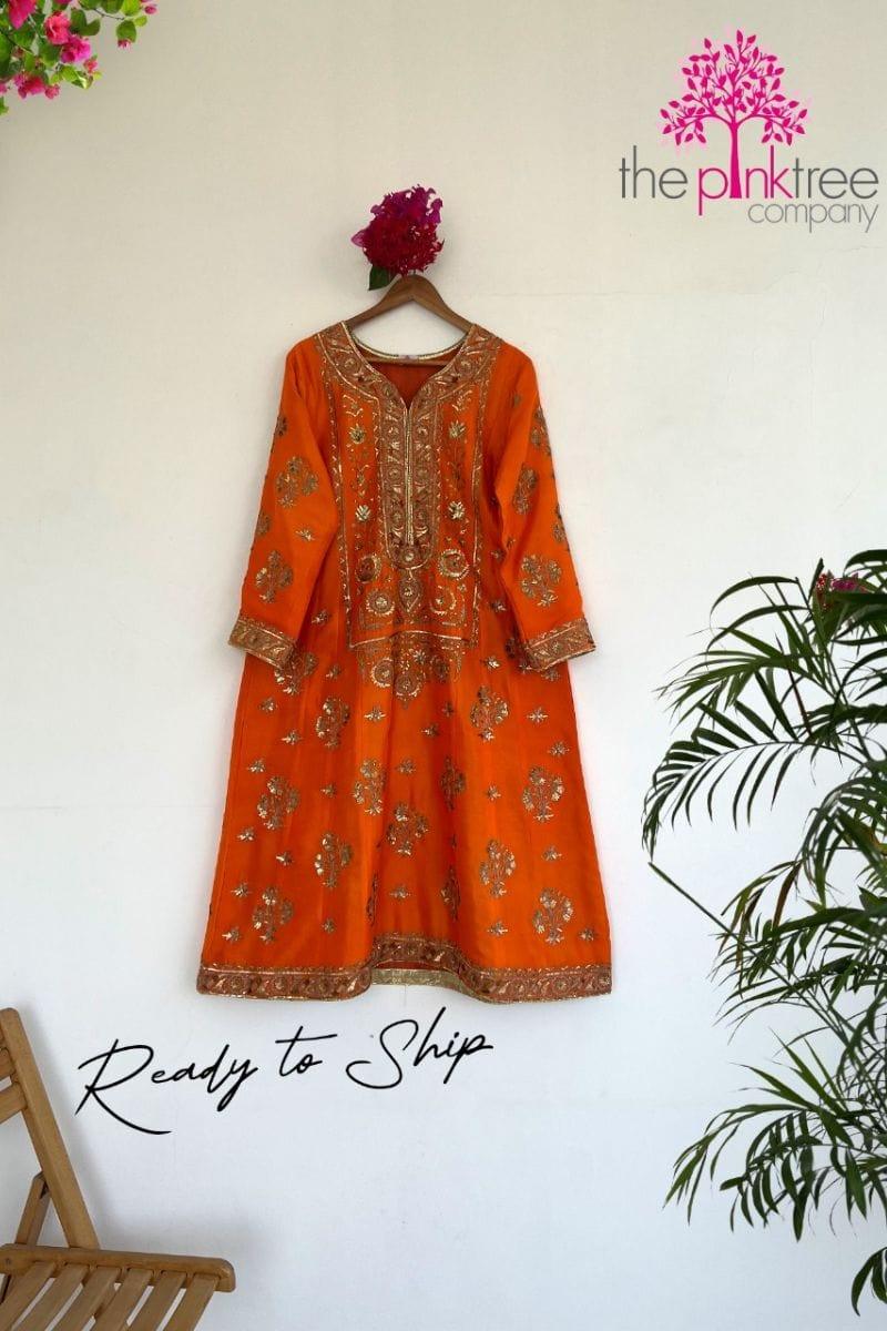 Pinktree - Orange Raw Silk Kali Kurta Embellished - Studio by TCS