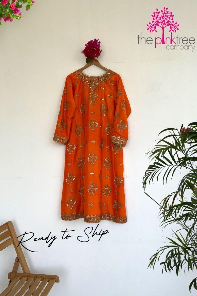 Pinktree - Orange Raw Silk Kali Kurta Embellished - Studio by TCS