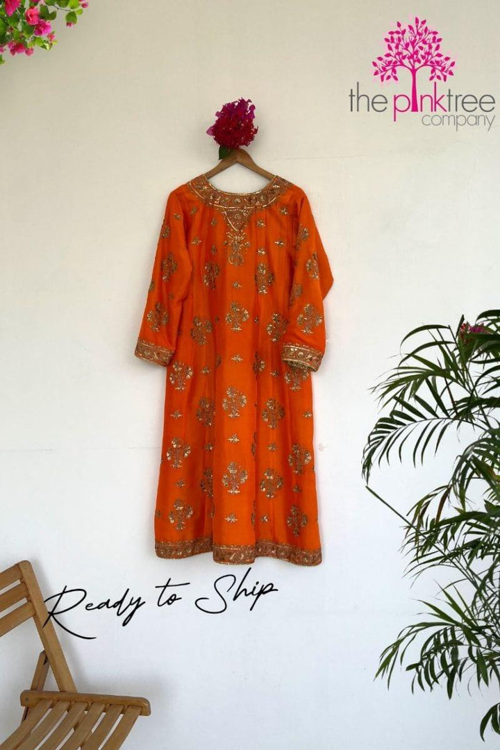 Pinktree - Orange Raw Silk Kali Kurta Embellished - Studio by TCS
