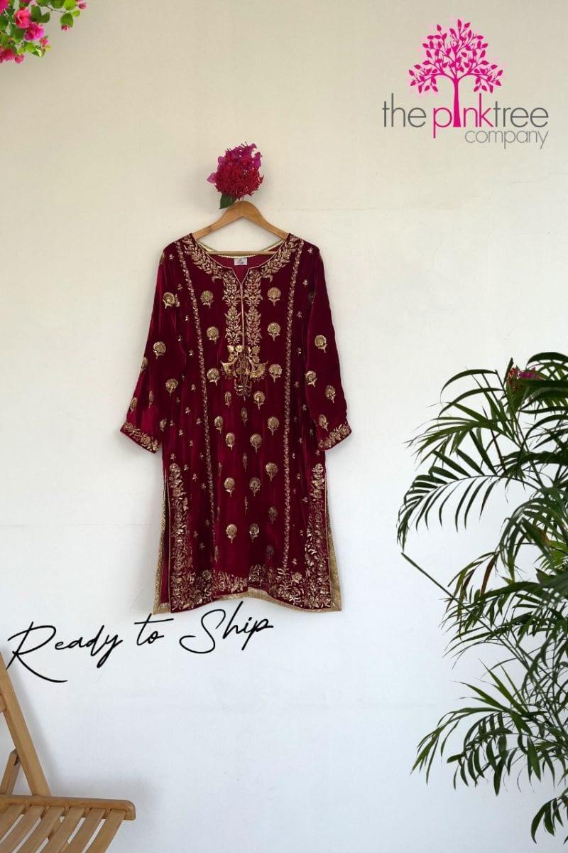 Pinktree - Red Velvet Paneled Kurta - Studio by TCS