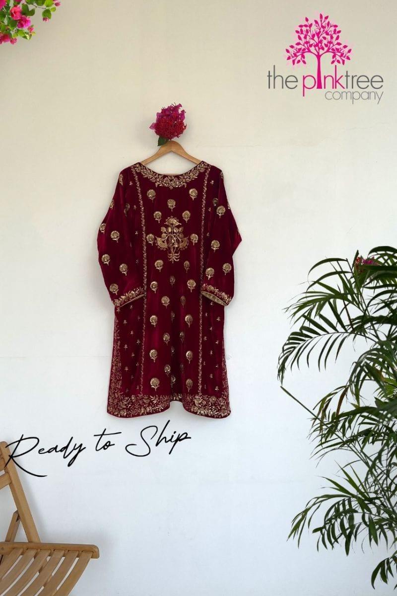 Pinktree - Red Velvet Paneled Kurta - Studio by TCS