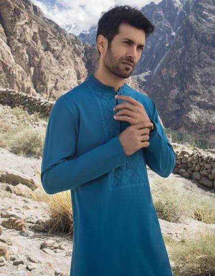 J. - Junaid Jamshed | Cyan Blue Cotton Kurta - Studio by TCS