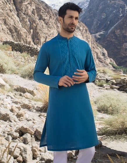 J. - Junaid Jamshed | Cyan Blue Cotton Kurta - Studio by TCS