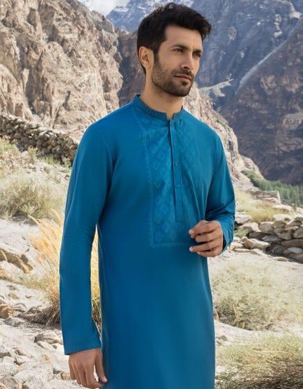 J. - Junaid Jamshed | Cyan Blue Cotton Kurta - Studio by TCS