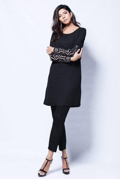 Natasha Kamal - Malia Black Tunic With Handcrafted Applique Sleeves & Raw Silk Trouser