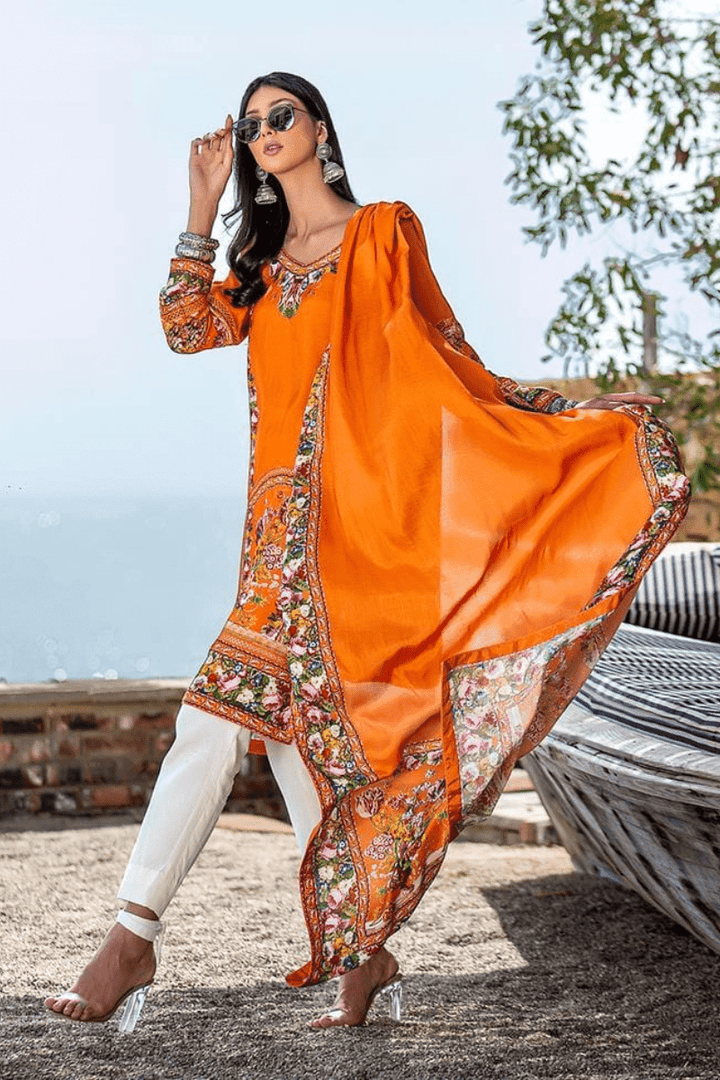 Rizwan Beyg - Renaissance Garlands On Printed Orange Shirt with Dupatta - Studio by TCS