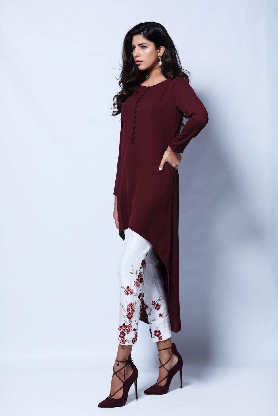 Natasha Kamal - Zinnia Solid Tunic Featuring U-Shaped Hemline With Raw Silk Trouser